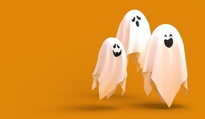 Three Halloween ghosts on orange background, 3d rendering