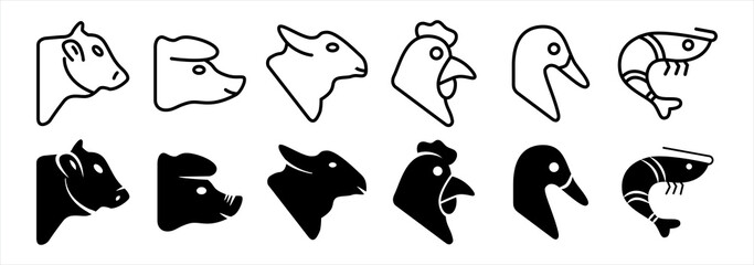 Livestock icon set. Farm animal icons set. Butchery meat shop sign illustration.