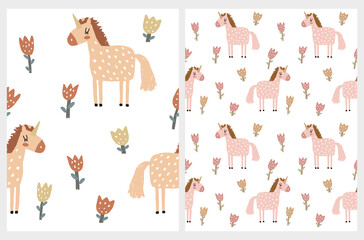 Hand Drawn Seamless Vector Pattern with Cute Unicorn Standing Among Flowers. Magic Garden Print with Blush Pink Dreamy Unicorn. Infantile Style Nursery Art ideal for Fabric, Textile, Wrapping Paper.