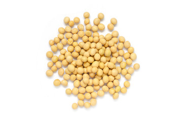 Closed up dry organic soybean seed pile on white background