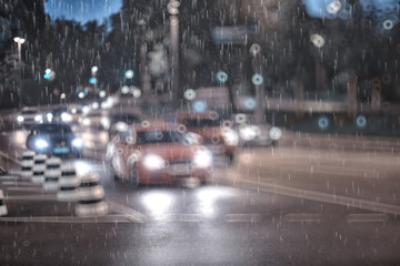 Fototapeta na wymiar rain urban traffic cars, night view of the city, traffic flow of city lights abstract autumn background