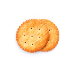 Two pieces of delicious homemade crackers or biscuits on white background