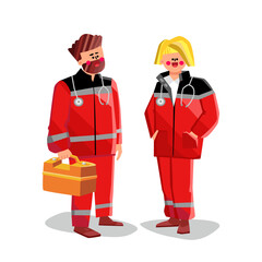 Paramedic Man And Woman With Medical Tool Vector. Paramedic Couple Wearing Professional Costume Holding Medicaments Box And Stethoscope. Characters Medicine Workers Flat Cartoon Illustration
