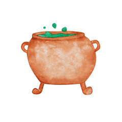 Halloween pot with green boiling poison. Watercolor witch object. Magical alchemy clipart. A kettle is isolated on a white background. Hand-drawn ceramic pot with handles illustration. Cauldron.
