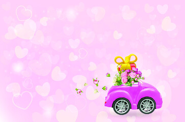 Pink retro car with gift box on a roof with flowers on pink background. Vector