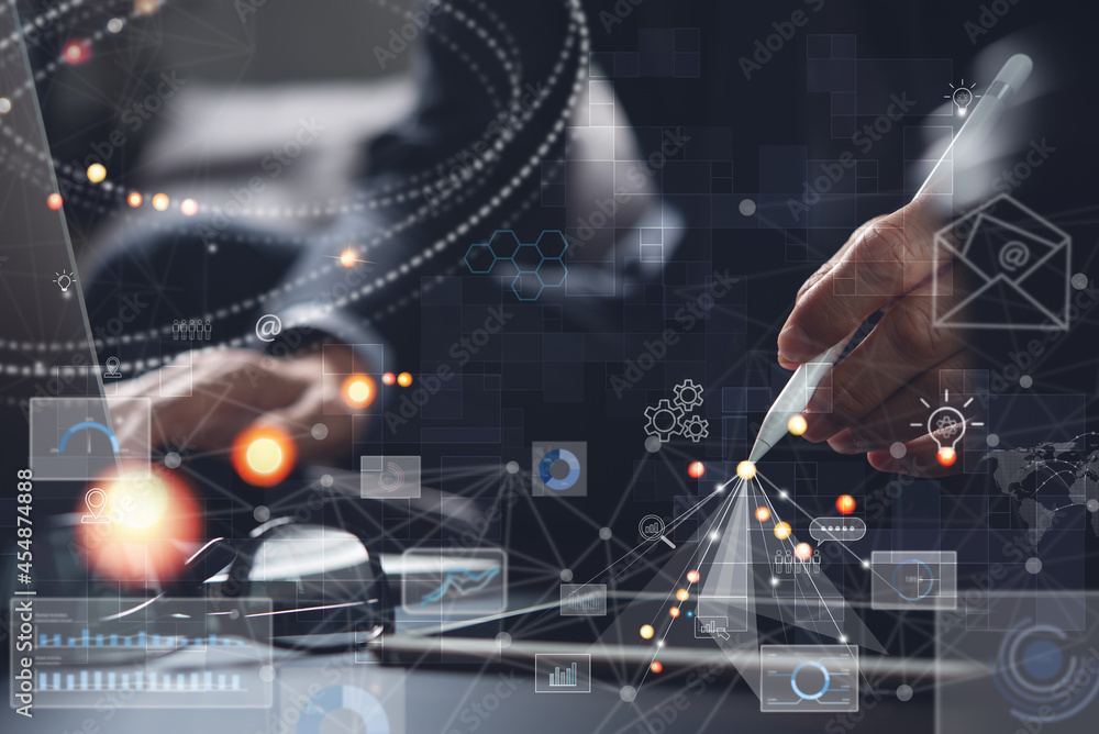 Aufkleber businessman using digital tablet computer, touching on screen with innovation business graph interfa