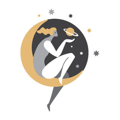The silhouette of a woman on the moon against the sky. Astrology, logo, sign.