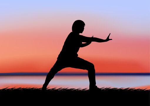 graphics image drawing tai chi with landscape view outdoor at the reservoir and twilight silhouette of sunset concept exercise for health