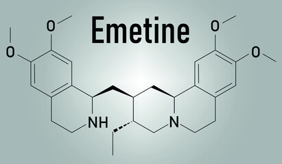 Emetine molecule. Has emetic (induces vomiting) and anti-protozoal properties. Skeletal formula.