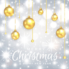 Fototapeta na wymiar Merry Christmas and Happy New Year card. Greeting card with hanging golden christmas balls on gold chains and with bright bokeh, stars and glow on a gray background
