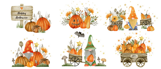 Watercolor set gnomes, pumpkins, happy halloween holiday, hello autumn, isolated elements on a white background.
