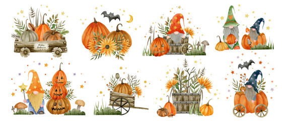 Watercolor set gnomes, pumpkins, happy halloween holiday, hello autumn, isolated elements on a white background.