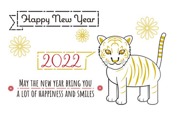 Happy New Year 2022 Tiger Greeting Card Simple Line Art Design