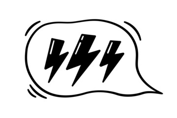 Hand drawn speech bubble with lightning. Vector illustration isolated in doodle style on white background.