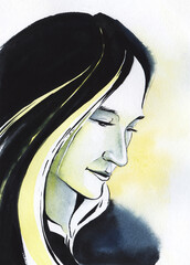 Watercolor portrait of beautiful thoughtful girl with long straight hair and delicate features. Young woman immersed herself in her own thoughts. Hand drawn monochrome illustration