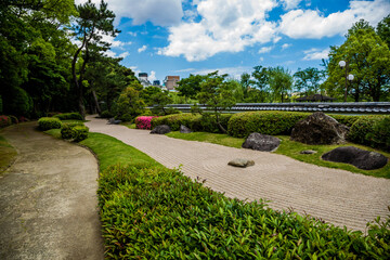 Sand river in the Japanese garden Ohori, Fukuoka, Japan