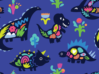 Obraz na płótnie Canvas Silhouettes of dinosaurs with flora inside seamless pattern