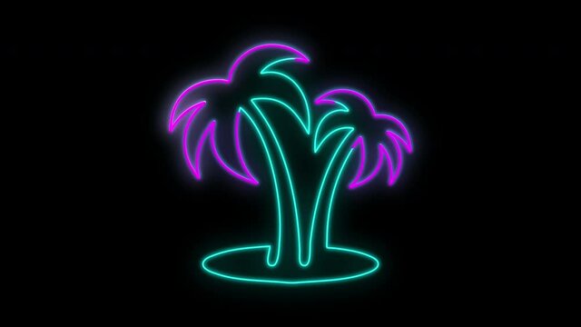 Neon palm tree. Neon Icon Concept Summer Animation copy space. Black background