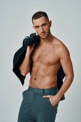 Fototapeta premium man in black leather jacket topless posing modern style self-confidence