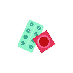 Contraceptives: pills and a condom in a package. Concept: means for the prevention of pregnancy and sexually transmitted diseases. Vector flat cartoon illustration isolated on white background.