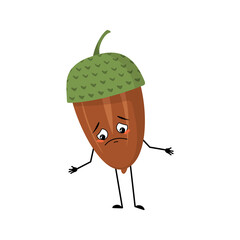 Character acorn with sad emotions, depressed face, down eyes, arms and legs. Melancholy forest plant, autumn nut