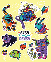 Easy Peasy stickers. Funny creatures illustrations. Crazy stickers set