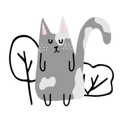 Childish hand-drawn illustration of a gray cat. Illustration of a cute cat near the bushes. The illustration is suitable for prints, posters and postcards.