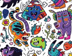 Funny creatures seamless pattern. Vector illustration