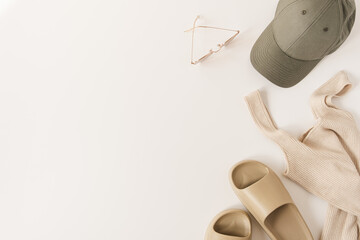 Minimal fashion concept with women's clothes and accessories for summer chill on white background. Neutral beige slippers, top, sunglasses, shorts, cap. Flat lay, top view