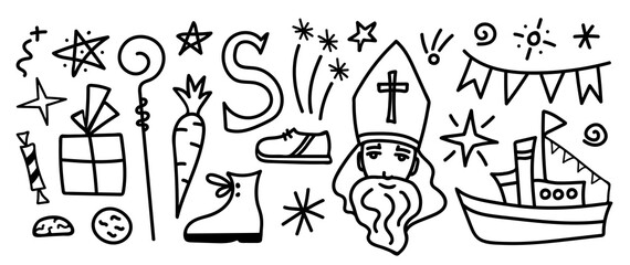 Vector set for decoration St. Nicholas Day, traditional Belgian, Dutch holiday. Sinterklaas, miter, shoes, carrot, candy, gift, cookies.