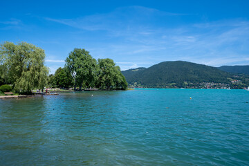 Obraz premium Tegernsee, Germany. Lake Tegernsee in Rottach-Egern, Bavaria, Germany near the Austrian border. Aerial view of the lake 