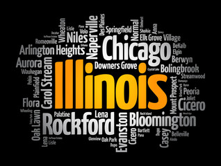 List of cities in Illinois USA state, word cloud concept background