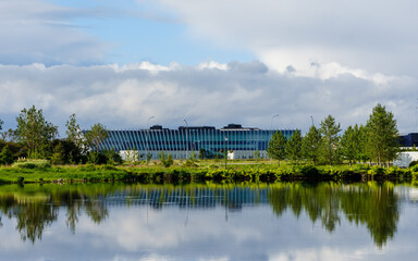 Askja, a building in the university area in Reykjavik.  The city center pond is in the foreground.