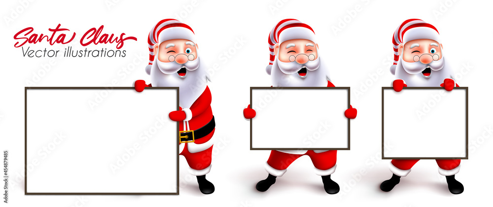 Poster santa claus presenting character vector set. christmas santa 3d characters holding and showing empty