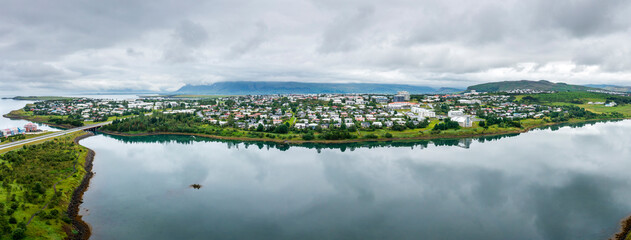 Panorama aerial view over Gravarvogur bay and residential neighborhood in Reykjavik