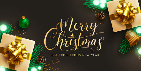Fototapeta na wymiar Christmas vector background design. Merry christmas greeting text with elegant gifts and xmas ornament decoration elements for holiday season. Vector illustration. 