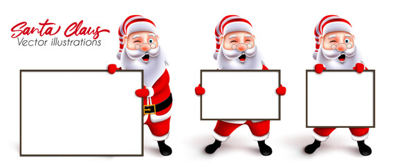 Santa claus presenting character vector set. Christmas santa 3d characters holding and showing empty white board element for xmas greeting presentation. Vector illustration.
