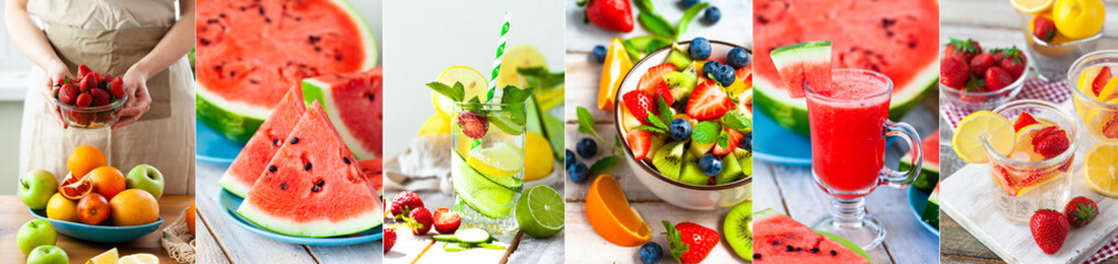 Collage of 6 photos. Ripe summer fruits, low calories sweet dessert. Concept of dieting, healthy food. Bright colors. Banner