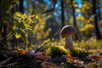 cep mushroom in moss and coniferous forest