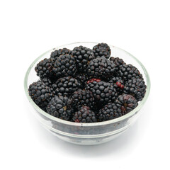 fresh blackberries in a bowl from the home garden on a white background 