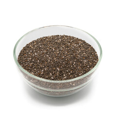 chia seeds in a glass bowl on a white background, in a series of grains