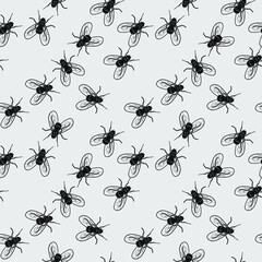 seamless background. flies. hand-drawn black and white illustration.