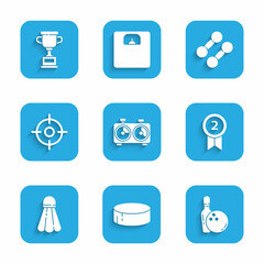 Fototapeta premium Set Time chess clock, Hockey puck, Bowling pin and ball, Medal, Badminton shuttlecock, Target sport, Dumbbell and Award cup icon. Vector