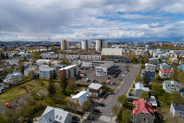 Fototapeta premium Aerial peaceful modern town with residential buildings