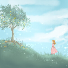 Obraz na płótnie Canvas Spring tree landscape with little girl painting arts