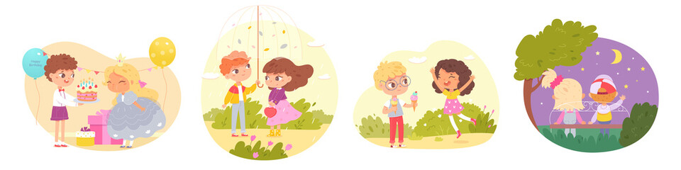 Children friendship set. Boy and girl happy together, doing fun activities vector illustration. Giving birthday cake, holding umbrella, eating ice cream, looking at night sky
