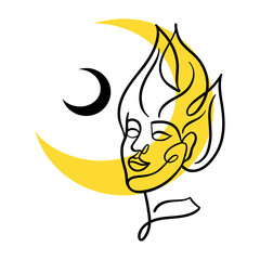 Beautiful mystical woman or girl drawn by continuous one line on yellow and black moon background