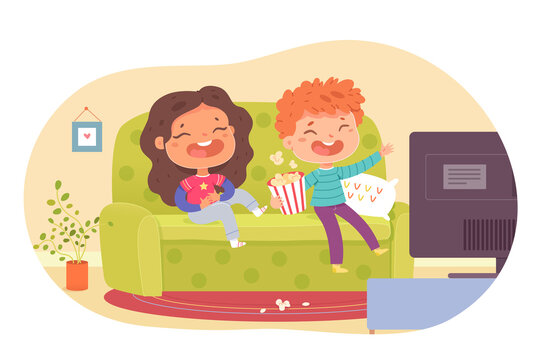 Kids watching movies on tv at home. Little boy and girl watch film on television, sitting on couch and laughing vector illustration. Leisure and entertainment in childhood