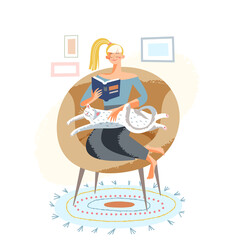 Happy girl reading with cat at home living room, young woman student sitting in armchair