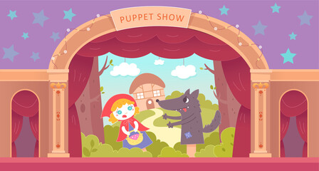 Naklejka premium Puppet show on theater stage vector illustration. Cartoon puppet show with hand doll, entertainment performance background.